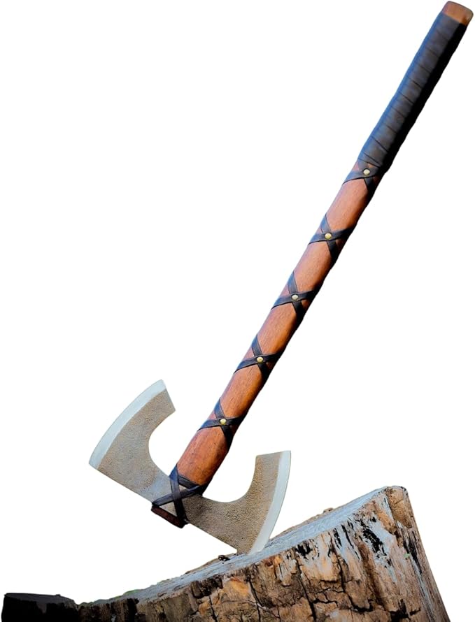 Double-Headed Viking Battle Axe with Leather Sheath, Hand Forged Steel, Wooden Handle, Camping, Hinking, Hunting, Gift, Hatchet Axe