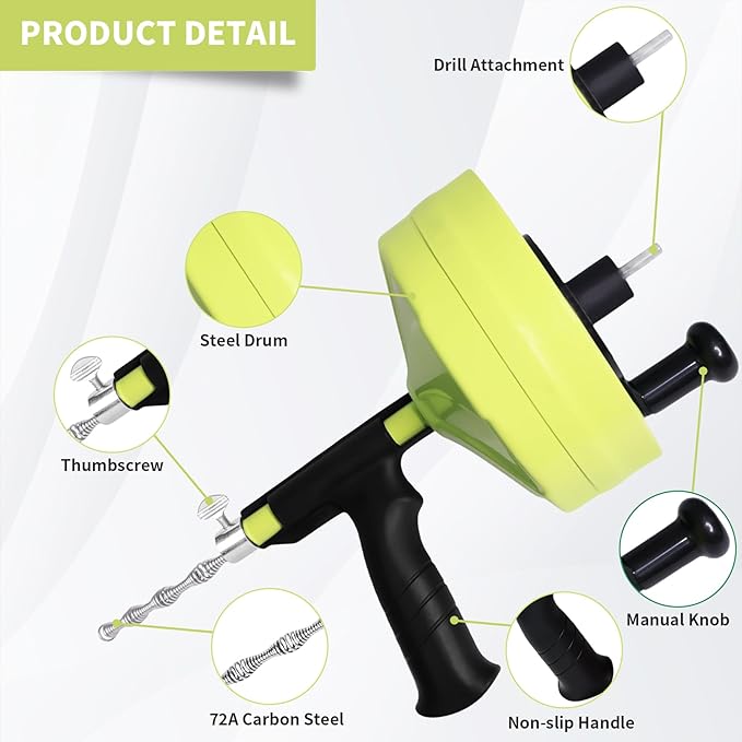 Drain Snake 50 Ft, Plumbing Snake for Sink with Drill Attachment, Snake Drain Clog Remover for Shower Drain and Sink, Manual or Powered Use, Comes with Gloves and Storage Bag, 1/4 Inch, Light Green