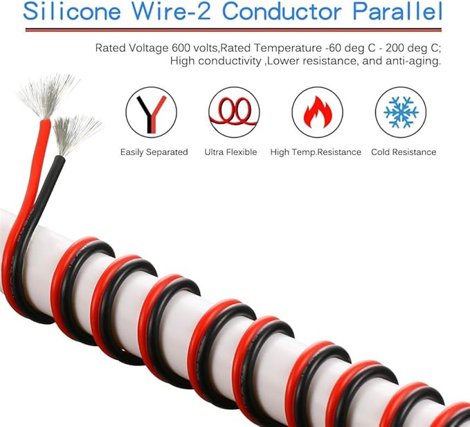 BNTECHGO 16 Gauge Flexible 2 Conductor Parallel Silicone Wire Spool Red Black High Resistant 200 deg C 600V for Single Color LED Strip Extension Cable Cord,Model,50ft Stranded Tinned Copper Wire