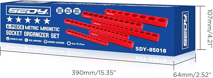 6-Piece 1/4" 3/8" 1/2"-Driver Metric Magnetic Socket Organizer Set (Holds 75 Sockets) - Detachable Tool Tray with 5mm Magnetic Base for Garage/Home(Sockets Not Included)