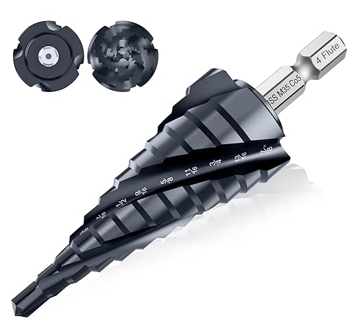 𝗠𝗔𝗖𝗫𝗖𝗢𝗜𝗣 𝗙𝗼𝘂𝗿 𝗦𝗽𝗿𝗶𝗮𝗹 𝗙𝗹𝘂𝘁𝗲 M35 Cobalt Step Drill Bit, 3/16"-7/8" Ultra 𝗧𝗶𝗔𝗜𝗡 Coated, 1/4" Hex Shank Drill Bit for Metal, Stainless Steel, Aluminum, Copper, Wood, PVC