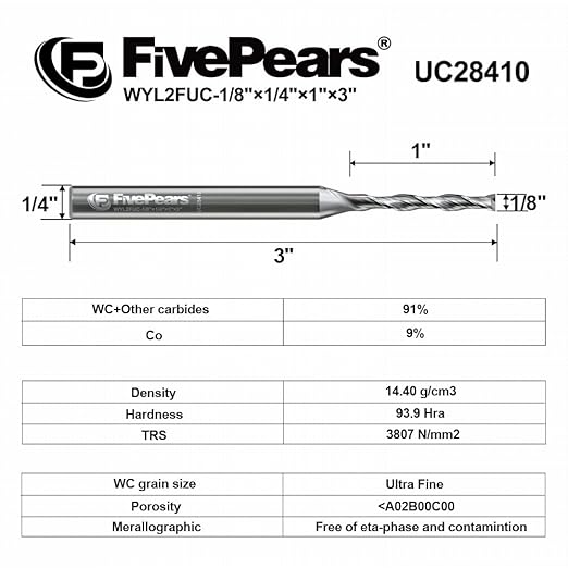 FivePears Up Cut Spiral Router Bit for CNC, 1/8 inch Cutting Diameter and 1 inch Cutting Length 1/4 inch Shank Carbide End Mill Router Bit for Wood Carving Engraving Grinding Grooving