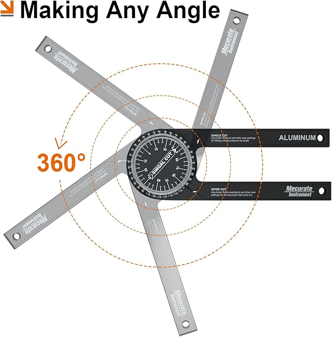 Mecurate Aluminum Miter Saw Protractor, 7.3-Inch Angle Finder Featuring Precision Laser Engraved Scales Woodworking Lightning Measure Tool with 360 Degree Rotation Function for Carpenters