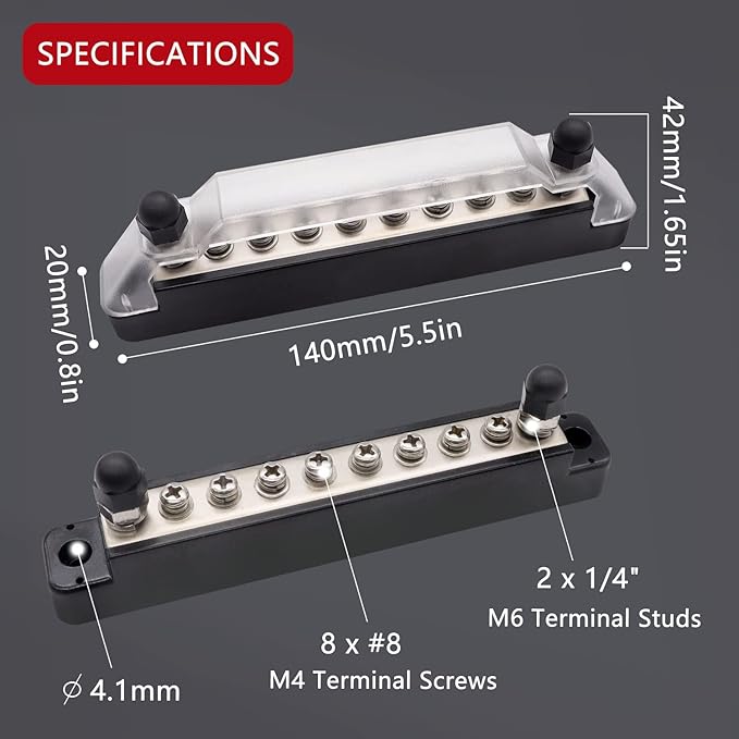 150A 12V Bus Bar Marine, 1/4" Power Distribution Block, Battery Buss Bar, Automotive Busbar Terminal Block for Car and Boat, 2 x 1/4" Posts, 8 x #8 Screws Terminals (Black+Red)