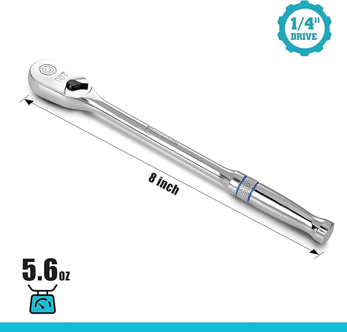 DURATECH Extra Long Handle 1/4-Inch Drive Ratchet, 90-Tooth Ratchet Wrench with 8" Handle and Dust Proof Teardrop Enclosed Head, Reversible, CR-V Steel Made, CR-MO Head, Full Polished, Gifts for Men
