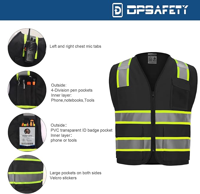 Hi Vis Vest with 2 inch Reflective Strips - Class 2 Safety Vest with Zipper Construction for Men & Women - Black, Large