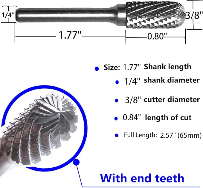 Carbide Burr Set 1/4" Shank SC-3 Die Grinder Bits Tungsten Double Cut Burr Bits (3/8" Cutter Dia X 0.80" Cutter Length) for Die Grinder Kits Metal Grinding Drilling Polishing (3pcs)