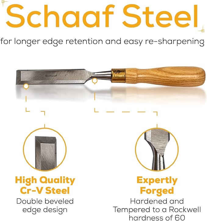 Finely Crafted Wood Chisel Set, 4 High-Performance Woodworking Chisels with Durable, Sharp CR-V Steel Blades Tempered to 60HRc, Chisel Set with Tool Roll from Schaaf Wood Carving Tools