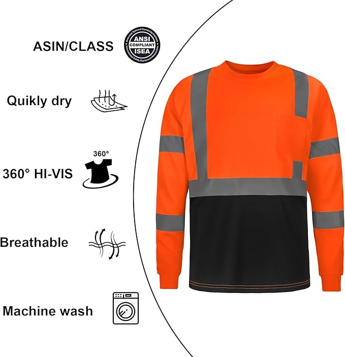 High Visibility Class 3 T Shirts，Hi Vis Safety Shirts with Reflective Strips and Pocket, Long Sleeve Quick Dry Mesh Construction Work Shirt for Men/Women Black Bottom Orange,Small