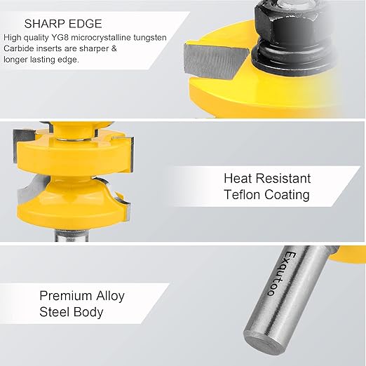 1/2 Inch Shank 3 Piece Router Extension Tenon Drill Bit Set for Entry Door Rails and Door Frame Wood Milling Cutter Door