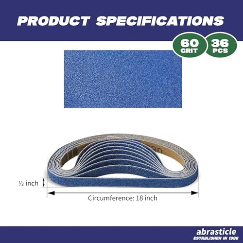 1/2" x 18" Zirconia Sanding Belts for Metal - 1/2 x 18 Inch Zirconia Metal Grinding Sand Paper, 36 PCS 60 Grits, Perfect for Knife Blade Sharpening, Metal Polishing, Derusting, Woodworking