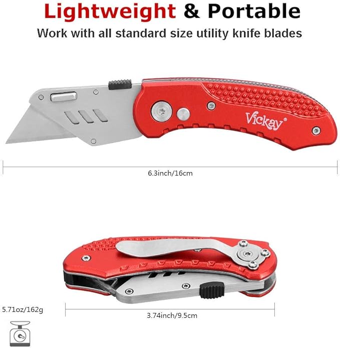 Vickay Box Cutter Folding Utility Knife Heavy Duty with 5 SK5 Quick Change Blades, Safety Axis Lock Design Razor Knife, Lightweight Aluminum Body Belt Clip for Office
