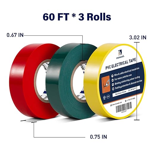Colored Electrical Tape 3 Rolls - 3/4 In 60 Ft Multicolor Professional PVC Electric Tape Pack with Red Green Yellow Colors Flame Retardant Waterproof For All Weather Under 600V Home Outdoor Indoor Use