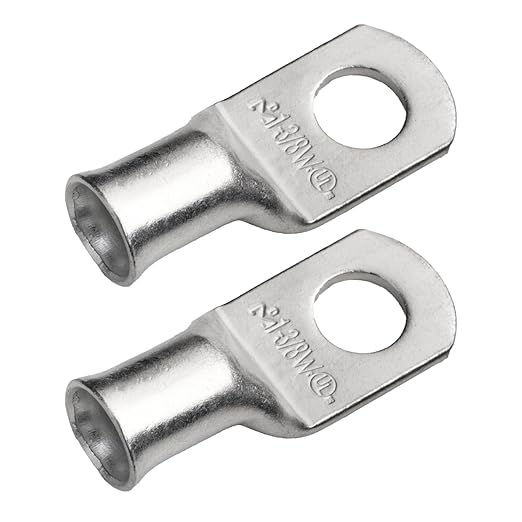SELTERM 2pcs 1 AWG 3/8" Stud (Wide Pad) Tinned Copper Wire Lugs, Battery Lugs, Ring Terminals, Battery Cable Ends, 1 Gauge Ring Terminal Connectors, UL Marine Grade Battery Terminal Connectors