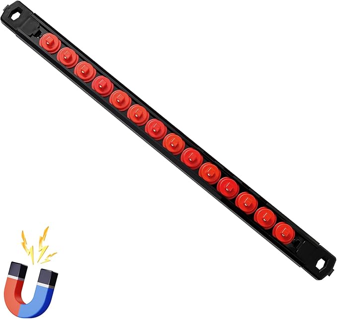 Magnetic Socket Organizer, 1-Piece Heavty Duty ABS Socket Holder, Socket Rail for Tool Box, Premium Quality 360° Swivel Socket Rack with 14 Clips for 1/4-Inch(Red)