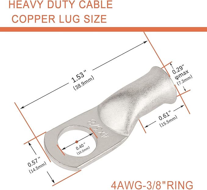 10pcs 4 AWG-3/8(M10) Tinned Copper Ring Terminals Battery Lugs, Heavy Duty Wire Lugs, Battery Cable Connectors