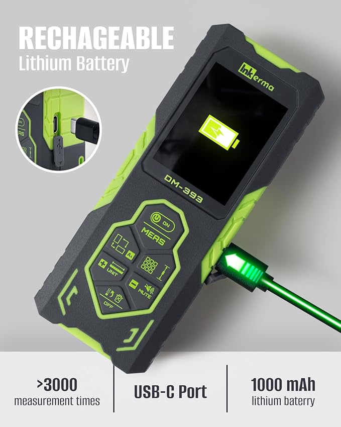 Laser Measurement Tool, Inkerma Bilateral Laser Distance Meter,Rechargeable Laser Measure with Color Backlit LCD Display, Angle Sensor, Pythagorean Mode, Area and Volume