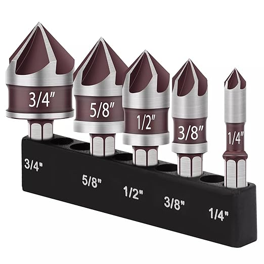 5PCS Countersink Drill Bit Set, 82 Degree HSS Counter Sink Drill Bit for Wood, Metal, Plastic, 1/4"-3/4" with 1/4" Hex Shank Countersink Bit Set