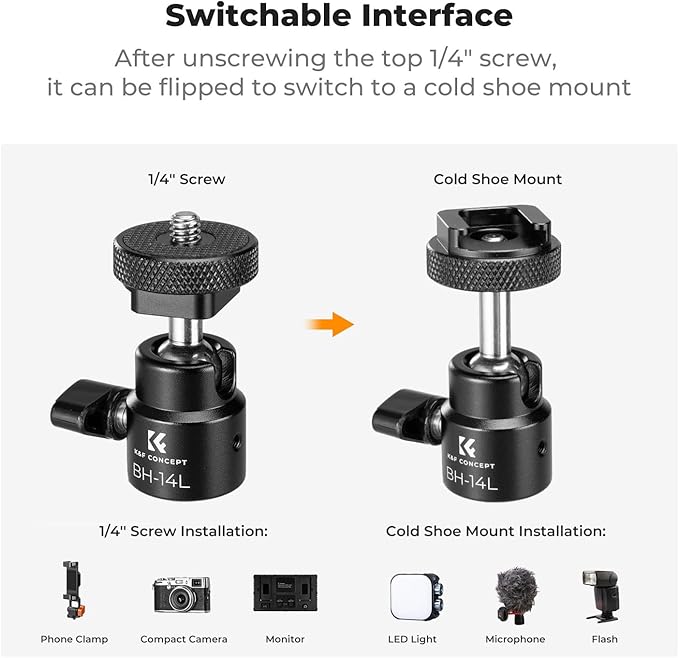K&F Concept Super Clamp Camera Clamp with 360 Ballhead, Compatible with GoPro/AKASO/Insta360/Pocket 3, 1/4"-20 Screw & Cold Shoe Mount for Camera/Monitor/Light/Microphone