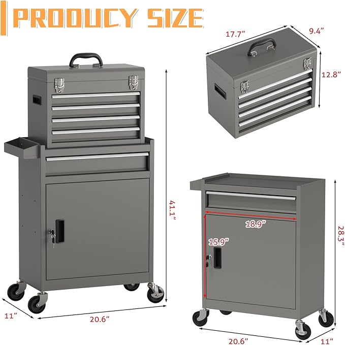 5-Drawer Rolling Tool Chest,Garage Storage Tool Box with Wheels,Lockable and Detachable Tool Cabinet,Heavy Duty Metal Tool Cart with Wheels for Garage,Warehouse,Workshop (Gray)