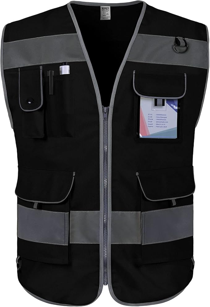 TCCFCCT Hi Vis Vest, 9 Pockets High Visibility Reflective Safety Vest for Men Women, Safety Construction Vest with Reflective Strips, Meets ANSI/ISEA Standards, (Black, Medium)