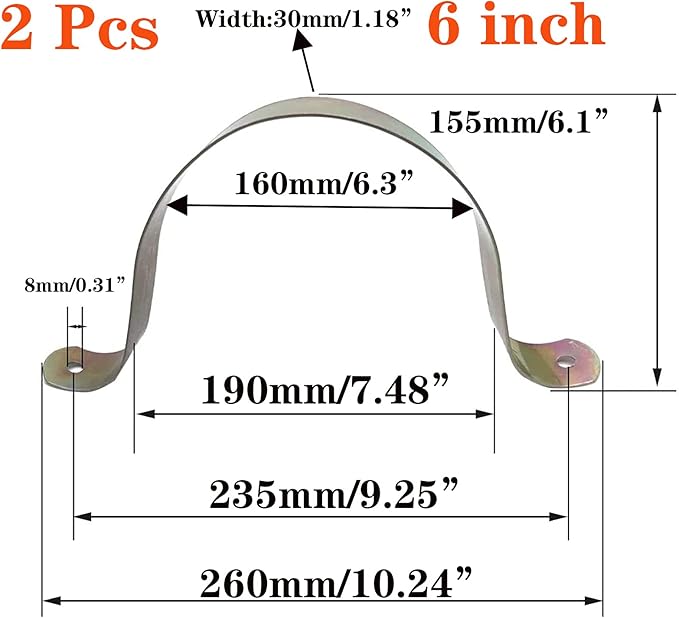 2 Pcs 6inch Rigid Pipe Strap,Two Hole Strap U Bracket Iron, Widened Tube Strap Tension Clip Assortment Kit Heavy Duty Pipe Clamp（160mm）