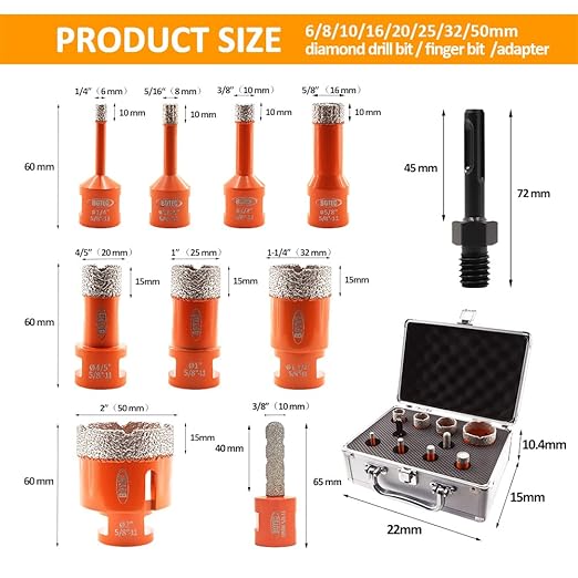 BGTEC Diamond Core Drill Bits Set - 10pcs Tile Hole Saw Kit 6/8/10/16/20/25/32/50 with 10mm Diamond Finger Bits for Porcelain Ceramic Tile Granite Marble