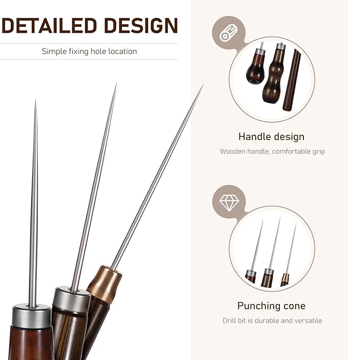 3 Pack Scratch Awl Tool, Wooden Handle Scratch Awl Leather Awl Punch Tool for Leather Punch Hole Craft DIY Handmade Pin Punching Needles