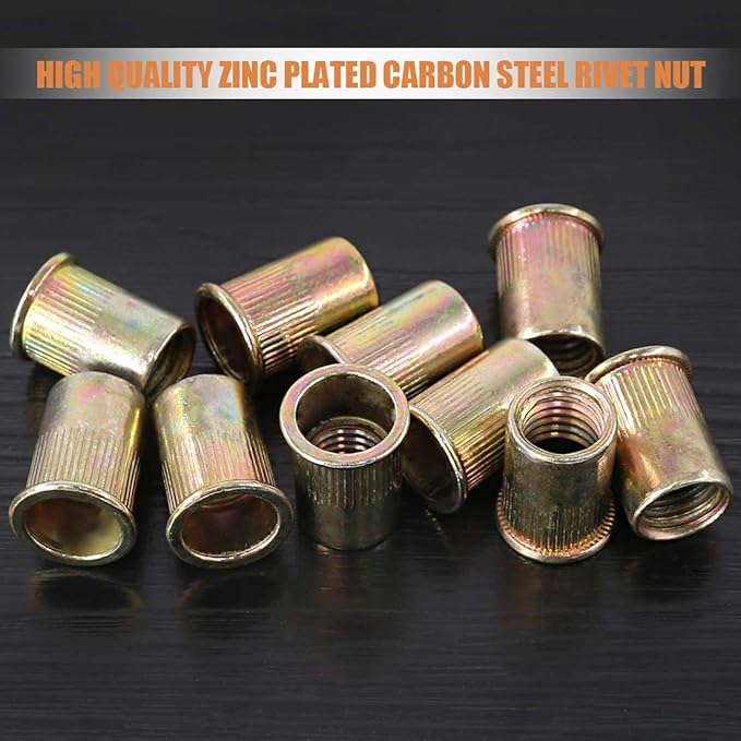 Keadic 100Pcs M12 Rivet Nuts Metric Zinc Plated Rivet Nut Carbon Steel Rivet Nut Flat Head Threaded Insert Kit Threaded Rivet Insert Nutsert Rivnuts Kit for Furniture