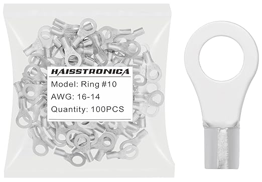 haisstronica 100pcs #10 Ring Terminals,AWG 16-14 Brazed Seam Non-Insulated Copper Wire Connectors