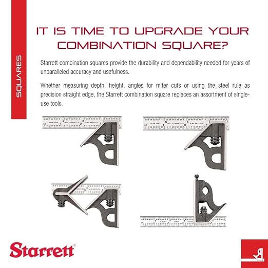 Starrett Steel Combination Square with Square Head - 6" Blade Length, Cast Iron Heads, Hardened Steel, Reversible Lock Bolt, Scriber, Spirit Level, 4R Graduation Type - 11H-6-4R