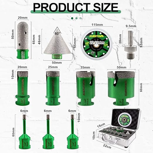 Diamond Core Drill Bits Kit - 11pcs 6/6/6/20/25/35/50mm+2" Beveling Chamfer Bit+3/4" Finger Milling Bit+Triangle Adapter to 5/8-11" Thread+4.5" Cutting disc for Porcelain Ceramic Tile Granite