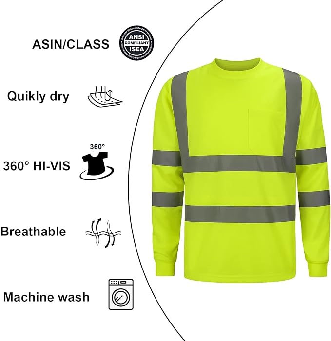 High Visibility Class 3 T Shirts, Hi Vis Safety Shirts with Reflective Strips and Pocket, Long Sleeve Quick Dry Mesh Construction Work Shirt for Men/Women Lime,3XL