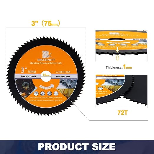 HSS Circular Saw Blade 3inch - BRSCHNITT 3pcs 72T 10mm Bore Cutting Discs for Wood, Copper, Aluminum, Plastic and Soft Metal
