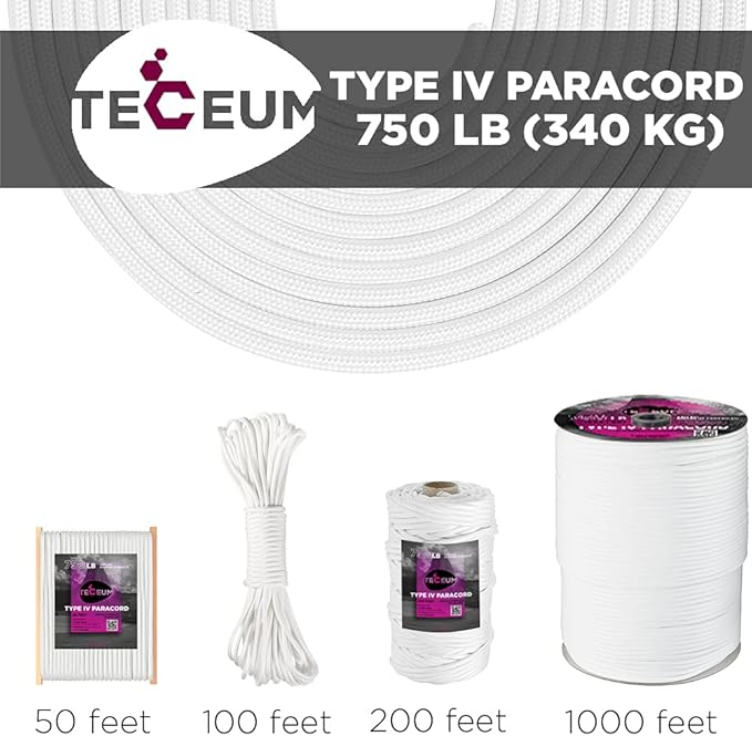 TECEUM 5/32" Paracord Rope 1000 – 1000ft / 200ft / 100ft / 50ft – Tactical Parachute Cord 4mm – 45+ Colors – Nylon String for Survival & Camping Gear – Stripe Cord for Survival – Utility Rope