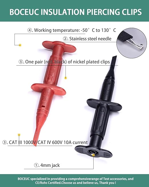 Test Hook Clips Multimeter Leads for 4mm Plug Test Probe, CAT III 1000V/CAT IV 600V, 10A for Electronic Circuit Testing (1 Pair, Red Black)