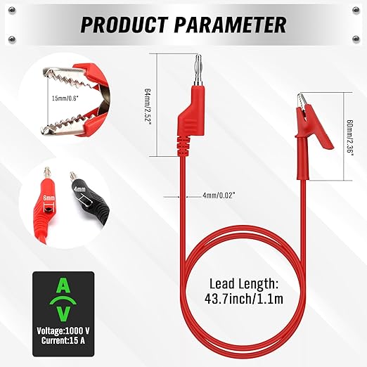 SWANLAKE 5-Piece Banana Plug to Alligator Clip Test Leads, 1000V 15A 3.5ft/1M Multimeter Electrical Alligator Clips, Flexible Copper Cable Banana Plug, Electrical Wires with Gator Clips
