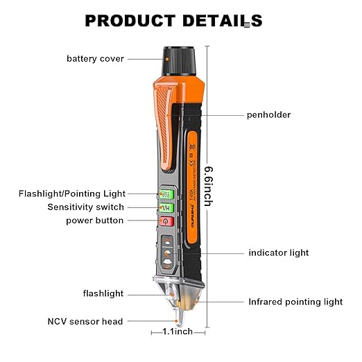 MUFASHA Non-Contact Voltage Tester with LED Flashlight, Buzzer Alarm, AC Voltage Detector Pen,Test Range 12V - 1000V & Live/Null Wire Judgment