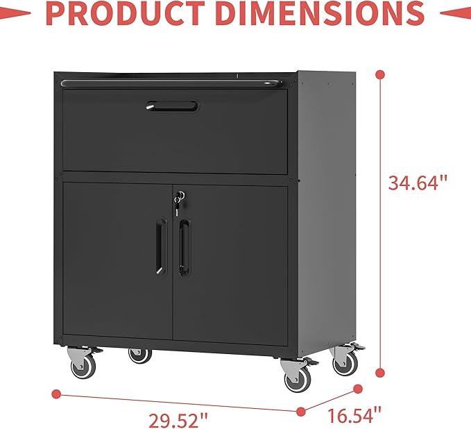 Metal Mobile Tool Storage Cabinet with Wheels,Black Heavy Duty Rolling Tool Cabinets for Garage,Metal Storage Cabinets with 2 Locking Doors and Drawer,Assembly Required