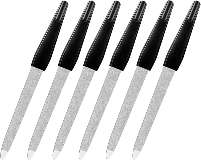 Fingernail Files (6 Pack), Metal Nail Files for Natural Nails Stainless Steel 6 Inch Nail File with Sharp Pointed Tip Non Slip Handle, Finger Nail Filers for Women Sapphire Grit Sword Diamond Black