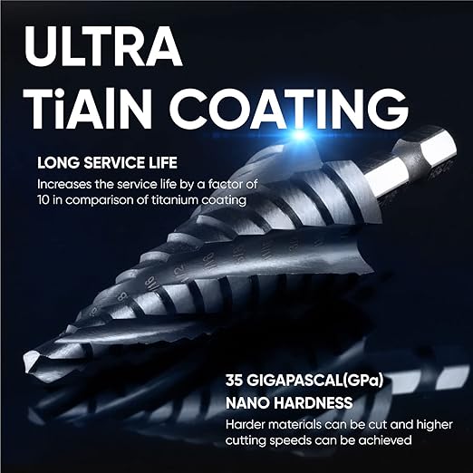 toolant Four Spiral Flute Cobalt Step Drill Bit(Pro), 1/4"-3/4" Impact Ready Unibit Step Drill Bit, 1/4" Hex Shank Step Bits for Metal, Stainless Steel, Aluminum, Plastic