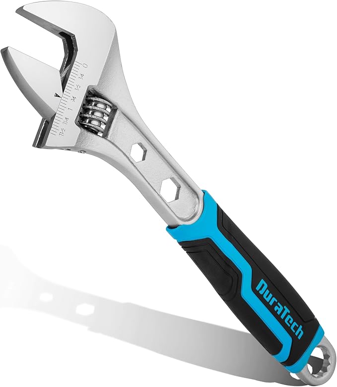 DURATECH 12 Inch Adjustable Wrench, 3-in-1 Spanner with Box End/Hex Function, CR-V Steel, Metric & SAE Scales, Chrome-plated, Bi-material soft Grip