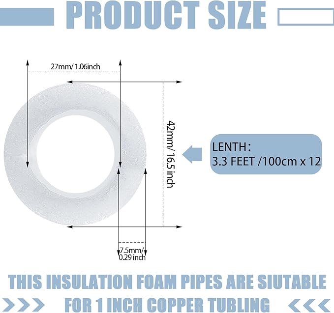 Amylove 12 Pcs 3.3 Feet Foam Pipe Insulation Foam Tube Insulating Water Pipe Pool Swim Noodles Heat Preservation Pipe Covers for Tubing Outdoor Freeze Protection (White,1 Inch)