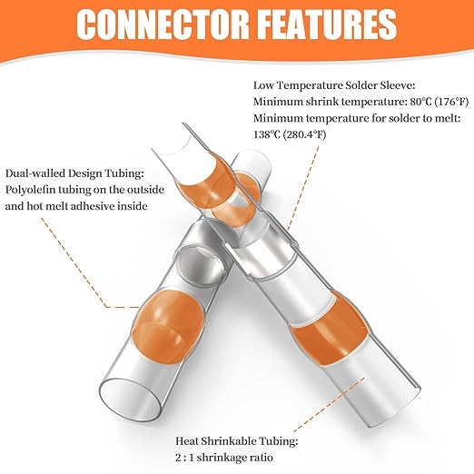 200PCS Solder Seal Wire Connectors Orange 8 AWG, Marine Grade Self Soldering Heat Shrink Wire Connectors Waterproof Insulated Electrical Butt Splice Wire Terminals for Automotive Boat Truck