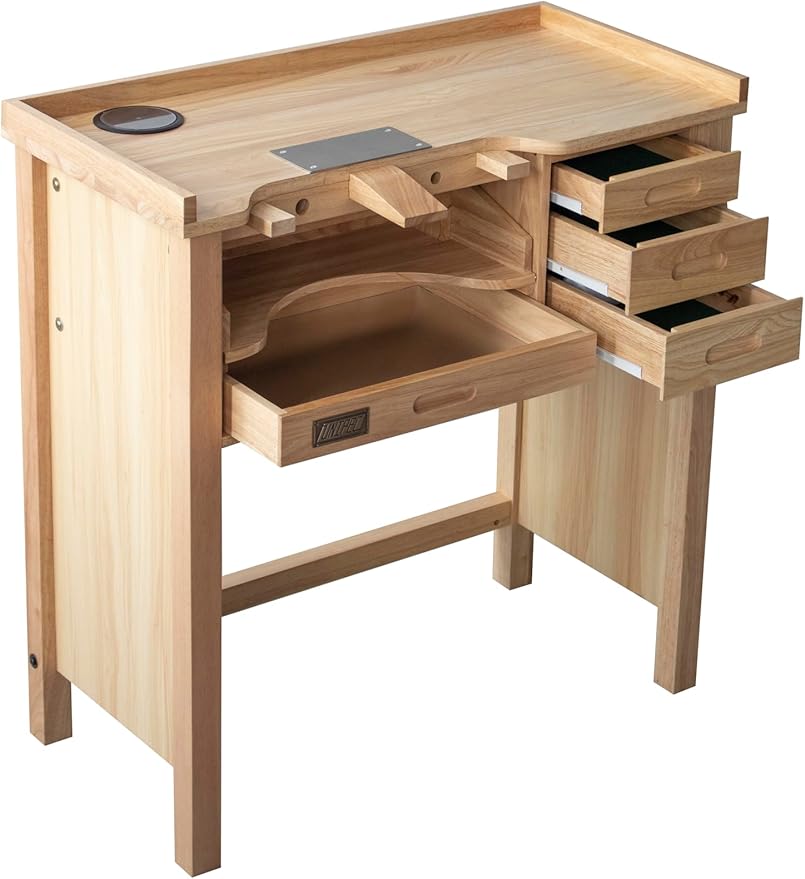 Deluxe Solid Wood Jewelers Workbench – Heavy-Duty Jewelry Bench with Drawers, Outlets, 1 USB, 1 Type-C, 2 Sockets, Wireless Charging Pad & Pop-Up Retractable Power Socket for Crafting & Repair