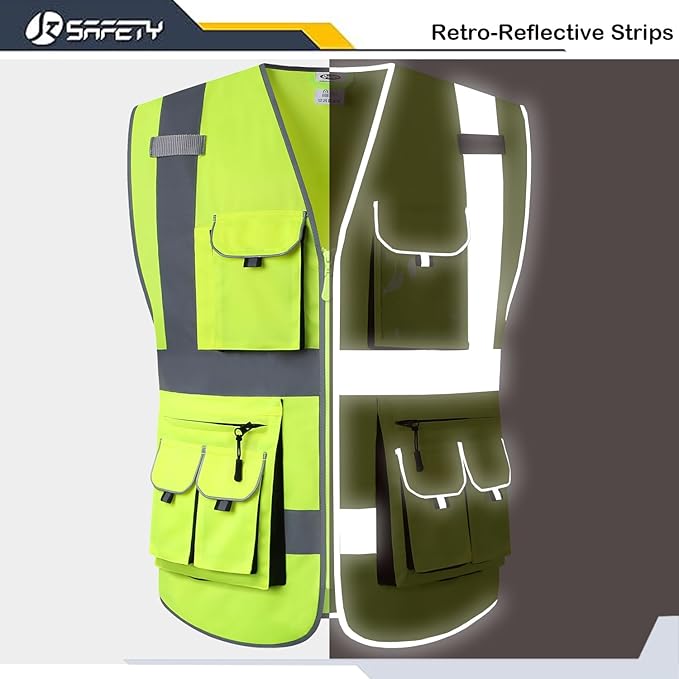 JKSafety 10 Pockets Class 2 High Visibility Zipper Front Yellow Safety Vest with High Reflective Strips Meets ANSI/ISEA Standards (3X-Large, 88-Yellow)
