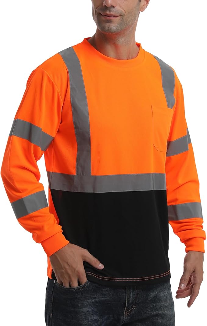 High Visibility Class 3 T Shirts，Hi Vis Safety Shirts with Reflective Strips and Pocket, Long Sleeve Quick Dry Mesh Construction Work Shirt for Men/Women Black Bottom Orange,6XL