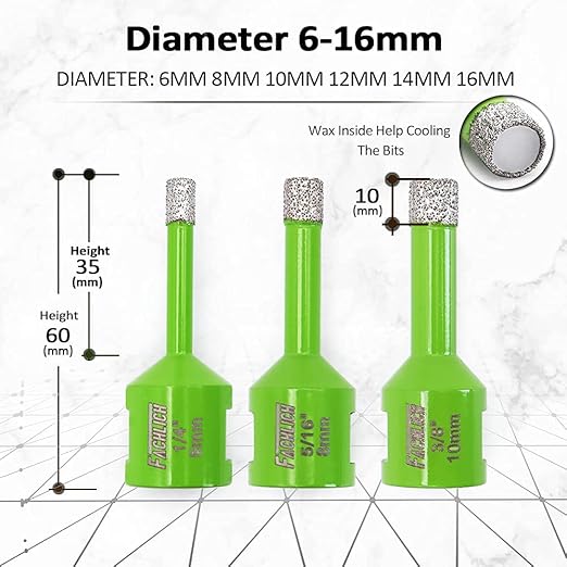 Diamond Core Drill Bit,2pcs 5/8" 16mm Tile Drill Bits Vacuum Brazed Diamond Hole Saw for Porcelain Tile,Granite,Marble,Concrete,Masonry,Brick
