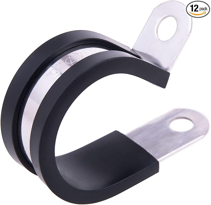 HOLYBEAR 1 Inch Stainless Steel Cable Clamp, Rubber Insulated Metal Conduit Wire Holder Strap Clips for Pipe, Tube, Hose Bracket (25mm, 12pcs)