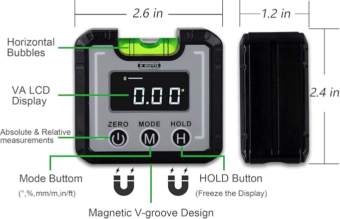 Digital Angle Finder Magnetic & Level Bubble Vial 4 X 90°Angle Gauge Inclinometer, Mini Level Bevel Gauge Protractor for Woodworking, Building, Table Saw, Vertical Wall (white)